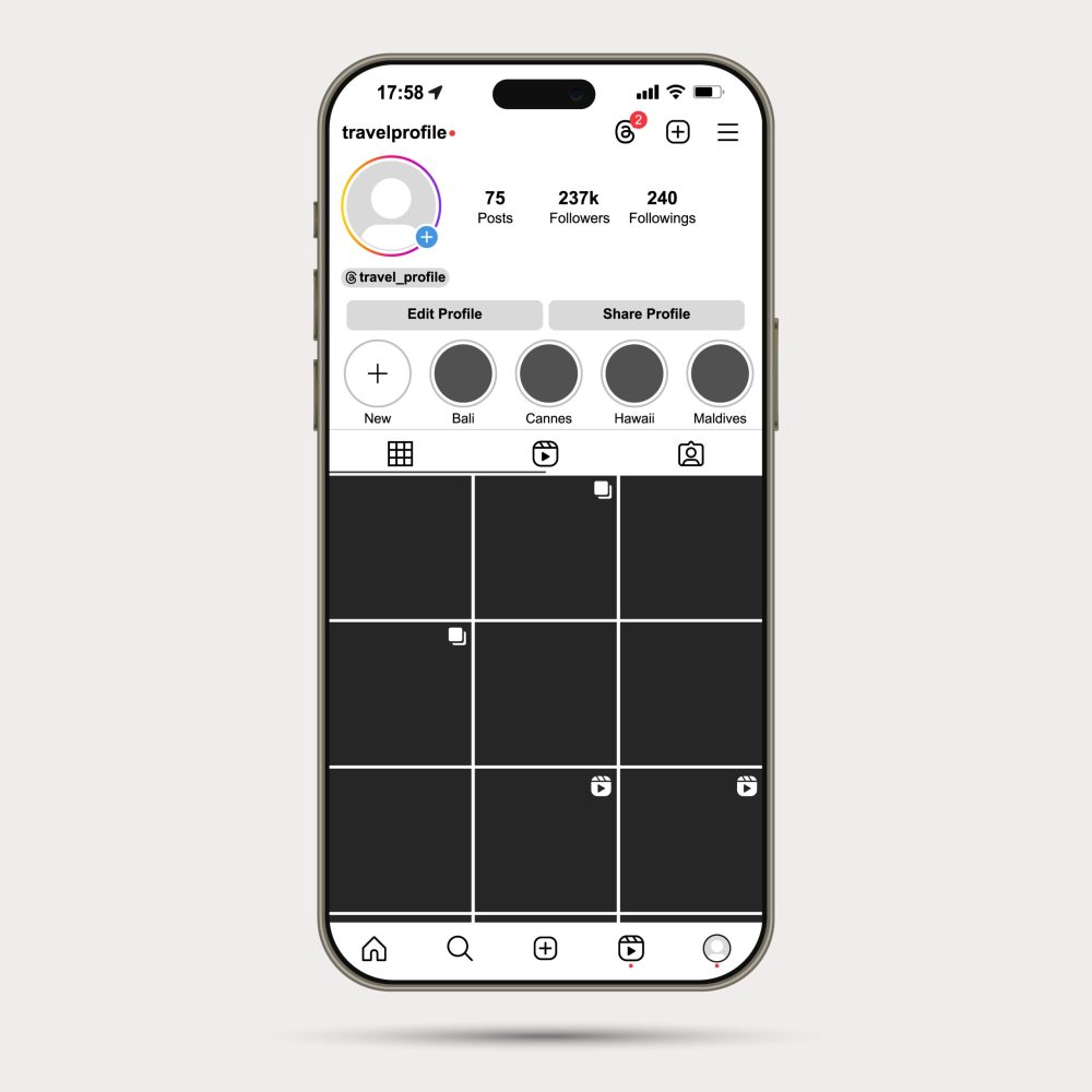 Realistic front view iphone 15 pro max natural titanium mockup with instagram template screen vector